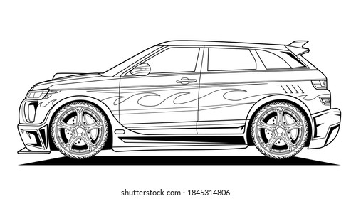 Vector line art original car illustration. Black contour sketch illustrate adult coloring page for book and drawing. High speed drive vehicle. Graphic element. wheel. Isolated on white background.