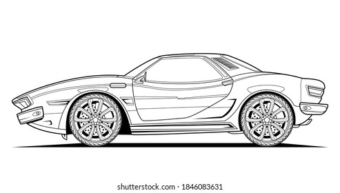 Ilustración original del coche de la línea de vectores. El boceto de contorno negro ilustra la página de coloreado adulto para el libro y el dibujo. Vehículo de alta velocidad. Elemento gráfico. rueda. Aislado sobre fondo blanco.