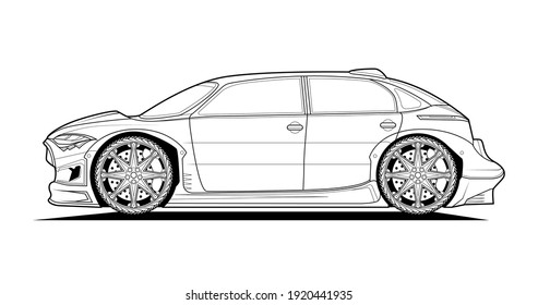 Vector line art original car illustration. Black contour sketch illustrate adult coloring page for book and drawing. High speed drive vehicle. Graphic element. wheel. Isolated on white background.