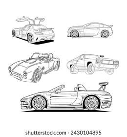 Vector line art original car illustration. A black contour sketch illustrate adult coloring page for a book or drawing. High speed drive vehicle. Graphic element. wheel. Isolated on white background