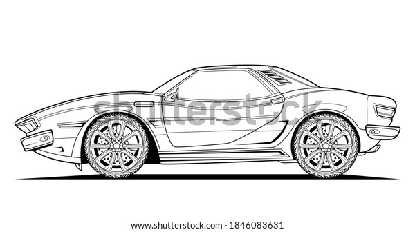 Vector line art original car illustration.\
Black contour sketch illustrate adult coloring page for book and\
drawing. High speed drive vehicle. Graphic element. wheel. Isolated\
on white background.