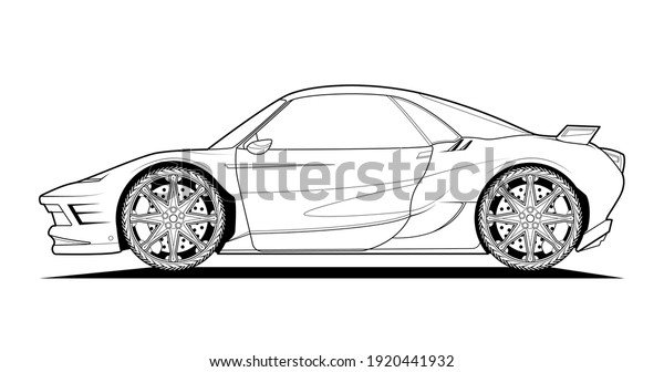 Vector line art original car illustration.\
Black contour sketch illustrate adult coloring page for book and\
drawing. High speed drive vehicle. Graphic element. wheel. Isolated\
on white background.