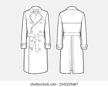 VECTOR LINE ART OUTLINE LONG HERITAGE TRENCH COAT COLLECTION FOR SIZE CHARTS OR SIZE GUIDE