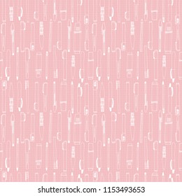 Vector line art pens and pencils seamless pattern on pink notebook page background. Great for school and office stationery, fabric, scrapbooking, packaging, backgrounds and backdrops.