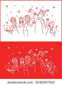 vector line art of people partying on new year's eve