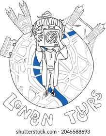 Vector line art of a person traveling around London