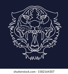 Vector line art picture of tiger. Stylized digital drawing of animal. Editable vector of Tiger head tribal tattoo logo. Flat illustration of a tiger head. Portrait of a predator. Tattoo wild cat.