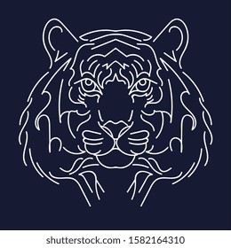 Vector line art picture of tiger. Stylized digital drawing of animal. Editable vector of Tiger head tribal tattoo logo. Flat illustration of a tiger head. Portrait of a predator. Tattoo wild cat.