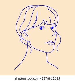Retrato artístico de línea vectorial de una hermosa mujer con el pelo largo y ondulado. Elemento de diseño para publicidad, afiches, impresiones para ropa, carteles, portadas, sitios web, redes sociales, logotipo