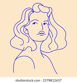 Vector line art portrait of beautiful woman with long wavy hair. Design element for advertising, posters, prints for clothing, banners, covers, websites, social networks, logo
