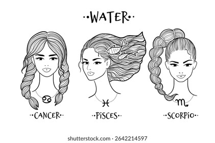 Vector line art portraits of Cancer with twin braids, Pisces with fish-wave hair, and Scorpio sporting a scorpion-inspired ponytail.