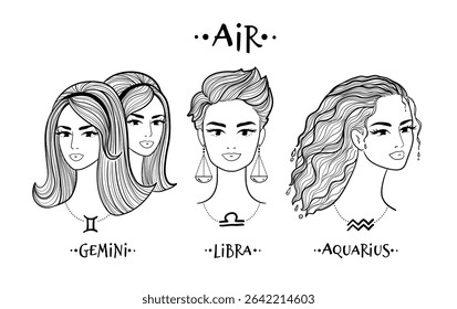 Retratos em linha de arte vetorial de gêmeos Gêmeos, Libra com brincos em escala e Aquarius com cabelo fluido de ondas de água.
