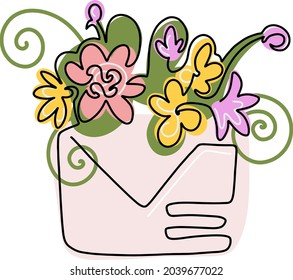 Postal de arte de línea vectorial con flores de colores. Ilustración del vector Doodle. Vector de plantilla de diseño. Concepto mínimo. 