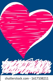 Vector line art postcard for Valentine's Day with place for text. Hand-drawn pink heart on a classic blue background. Tangled lines, messy design. Copy space valentine card. Invitation illustration