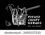 Vector line art potato wedges hand drawn. Highly detailed fried food illustration with white line art on black background.