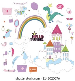 vector line art princess set. A selection of illustrations for a girl