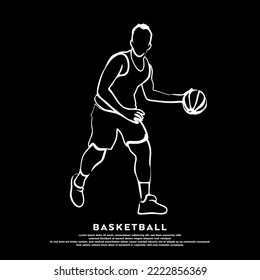 Vector line art of professional basketball player dribbling isolated on black background