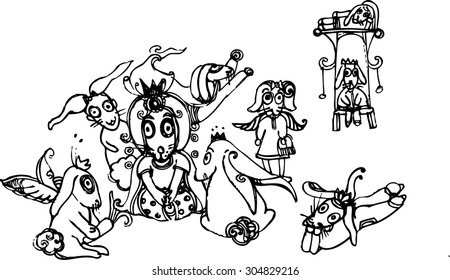 Vector line art of rabbits