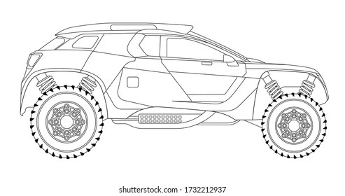 Vector line art rally car, concept design. Vehicle black contour outline sketch illustration isolated on white background. Stroke without fill. Cower drawing. Black-white icon.