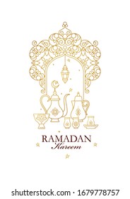 Vector line art Ramadan Kareem card. Vintage banner for Ramadan wishing. Arabic lamps, coffee mug, arch, decoration. Eastern style. Islamic background. Muslim feast of the holy of Ramadan month.