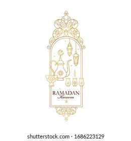 Arte de la línea de vectores, tarjeta Ramadan Kareem. Cartel vintage para el Ramadán deseando. Lámparas árabes, tazón de café, arco, decoración. Al estilo oriental. Antecedentes islámicos. Fiesta musulmana del mes sagrado de Ramadán.