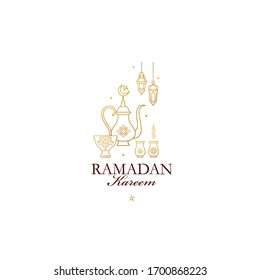 Vector line art Ramadan Kareem card. Vintage banner for Ramadan wishing. Arabic lamps, coffee mug, arch, decoration. Eastern style. Islamic background. Muslim feast of the holy of Ramadan month.
