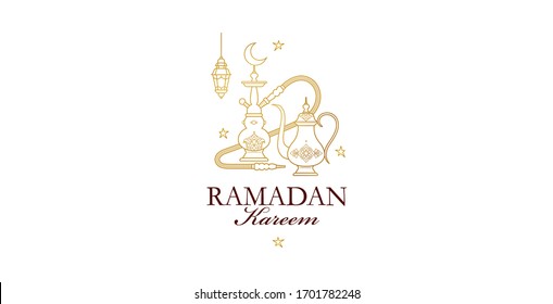 Vector line art Ramadan Kareem card. Vintage banner for Ramadan wishing. Arabic hookah, coffee pot, lanterns. Decor in Eastern style. Islamic background. Muslim feast of the holy of Ramadan month.