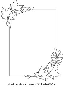 Vector line art rectangle frame. Linear silhouettes of maple, rowan, birch leaves. Elements for autumn design of card, poster, coloring book, invitation.