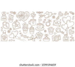 Vector line art romantic border with outline illustration of the design elements, linear icons, isolated. Symbols for Valentine greetings, coloring book, tattoo. Objects for Happy Valentine's Day.