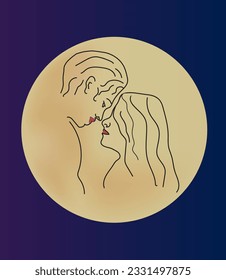 Vector line art romantic couple in love on a moon background. Before kissing - couple in love. Valentines day. Boy and girl in love. Man and woman in love.