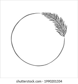 Vector line art round frame with branches. Hand drawn element for design.