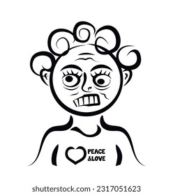 Vector line art of scary man face in peace and love shirt. Vector isolated on white background. 