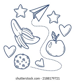 Vector line art school breakfast with banana, apple and oatmeal cookies