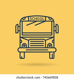 Vector line art school bus in front view. Isolated web outline icon on yellow background. Transportation and education concept