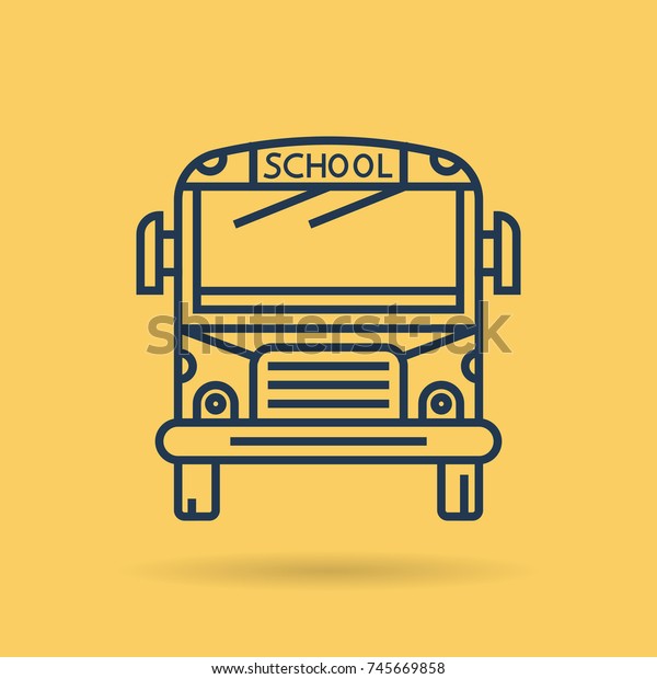 Vector line art school bus in front view.\
Isolated web outline icon on yellow background. Transportation and\
education concept