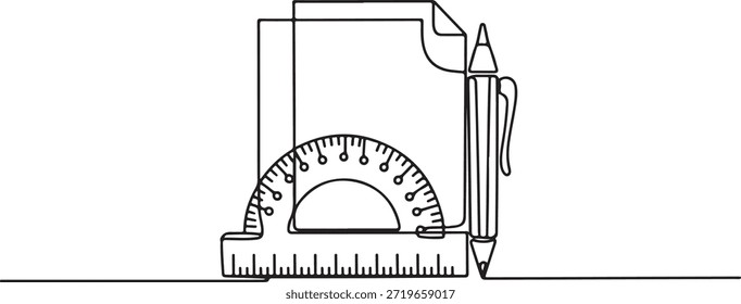 Vektorgrafik von Schul- oder Büromaterial, das für technische Zeichnungen und Architekturentwürfe verwendet wird, wie z. B. ein Protrahierer, ein Dreieckslineal und ein Stift, der Einfachheit und klare Linien betont.
Ein einziges Symbol