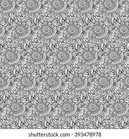 Vector line art seamless abstract floral pattern. Endless background.