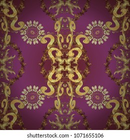 Vector line art seamless border for design template. Vector sketch for invitations, web page. Eastern style element. Golden outline floral decor. Golden element on purple, brown and yellow colors.