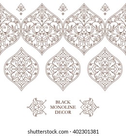 Vector line art seamless border for design template. Eastern style element. Black outline floral decor. Mono line illustration for invitations, cards, certificate, thank you message.
