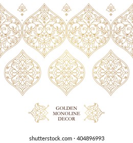 Vector line art seamless border for design template. Eastern style element. Golden outline floral decor. Mono line illustration for invitations, cards, certificate, thank you message.