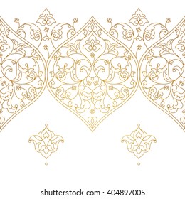 Vector line art seamless border for design template. Eastern style element. Golden outline floral decor. Mono line illustration for invitations, cards, certificate, thank you message, web page.