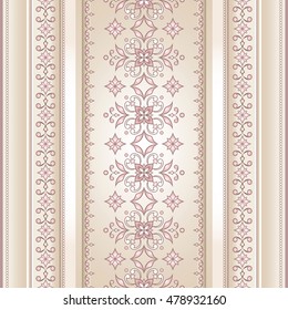Vector line art seamless border for design template. Decorative  border on light beige background. Colored element for design in Eastern style.   
