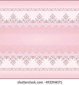 Vector line art seamless border for design template. Element for design in Eastern style  on light pink background. Vintage pattern for invitations,  greeting cards, wallpaper. 