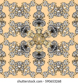 Vector line art seamless border for design template. Eastern style element. Golden outline floral decor. Vector sketch for invitations, thank you message, web page. Golden element on beige background