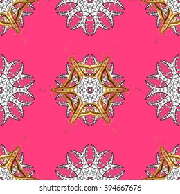 Vector line art seamless border for design template. Golden outline floral decor. Eastern style element. Golden element on pink background. Vector sketch for invitations, cards, web page.