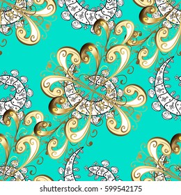 Vector line art seamless border for design template. Golden outline floral decor. Eastern style element. Golden element on blue background. Vector sketch for invitations, cards, certificate, web page.