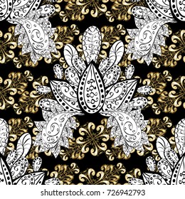 Vector line art seamless border for design template. Golden element on black, white and beige colors. Vector sketch for invitations, cards, web page. Golden outline floral decor. Eastern style element