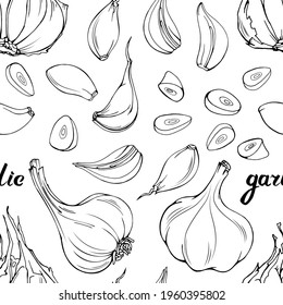 Vector line art seamless pattern. Fresh garlic. Bulbs and sliced with lettering. Black on white design for textile, wrapping paper, illustration about health care, immunity, vitamins in vegetables.