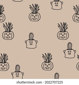 Vector, line art seamless pattern of succulents in Halloween planter pots with light taupe background designed for paper, fabric, kids fashion, and fall decor