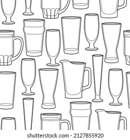 Vector line art seamless pattern alcohol glasses and bottles. Vector illustration